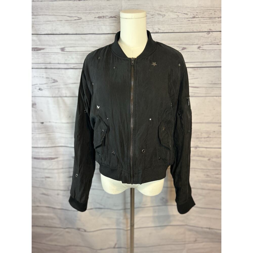 Rails Ace Studded Bomber Jacket Black Size M Star Detail, Zip Front, Flaws